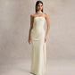 Elegant Party Evening Dresses Wedding Guest Black Strapless Maxi Dress with Draped Detailing and Scarf