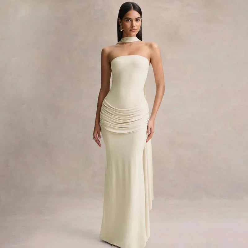 Elegant Party Evening Dresses Wedding Guest Black Strapless Maxi Dress with Draped Detailing and Scarf