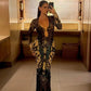 Butterfly Print Mesh Sheer Deep V Neck Long Sleeve Maxi Dresses 2026 Woman Party Dress Sexy Outfits