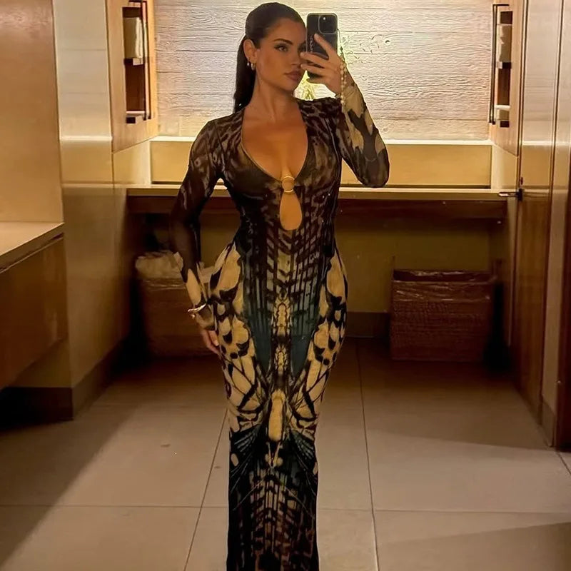Butterfly Print Mesh Sheer Deep V Neck Long Sleeve Maxi Dresses 2026 Woman Party Dress Sexy Outfits