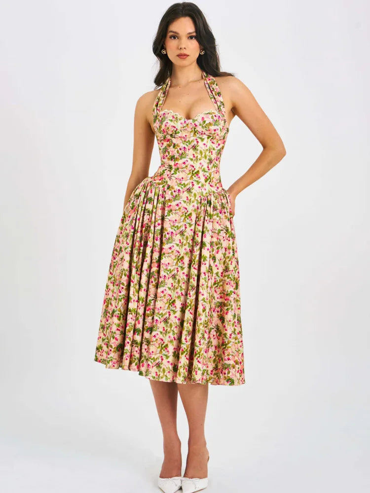 Women Halter Floral Print Sexy Midi Dress Sweetheart Neck Sleeveless Backless Pleated Bodycon Club Party Longdress