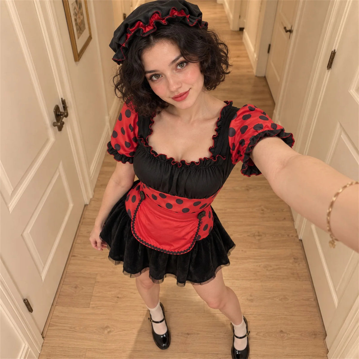 Womens Halloween Ladybug Cosplay Costume Polka Dot Puff Sleeve Tutu Mini Dress Maid Apron and Hat Carnival Fancy Dress