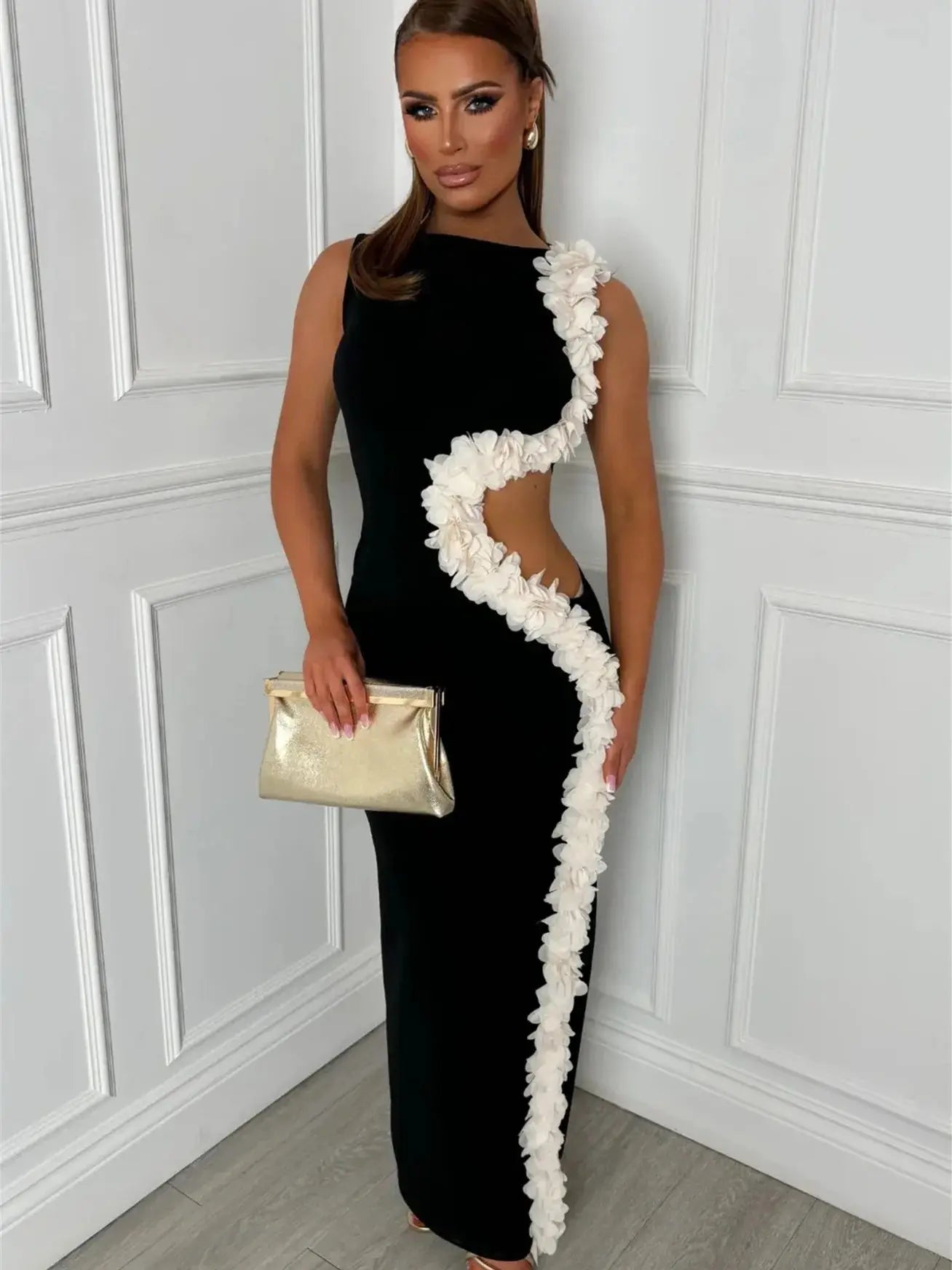 Side Split Women Dress Hollow Chic Applique Elegant Summer Hipster Luxury Midnight Birthday Party Vacation Bodycon