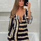 Contrast Striped Print Dress Women Hollow Rings Patchwork Low-Neck Full Sleeve Autumn Trend Stretch Sexy Mini Bodycon