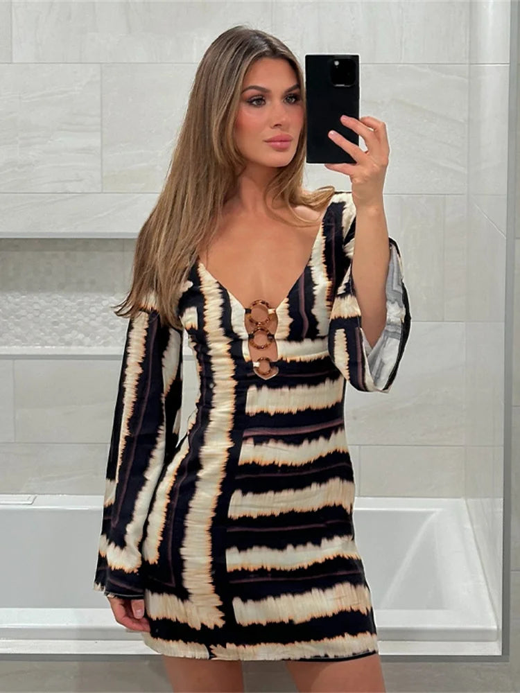 Contrast Striped Print Dress Women Hollow Rings Patchwork Low-Neck Full Sleeve Autumn Trend Stretch Sexy Mini Bodycon