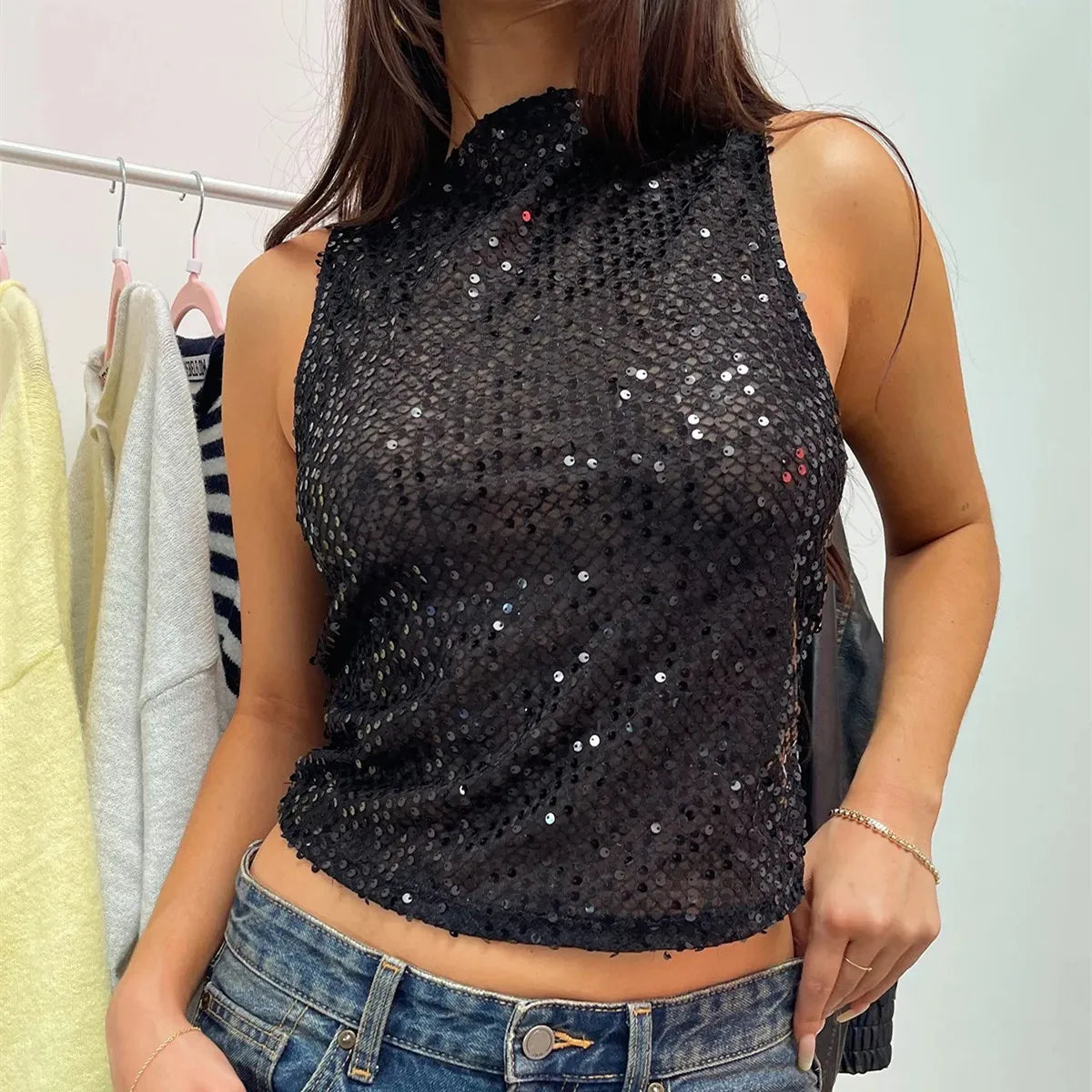 Women Sparkly Tank Top Crew Neck Slim Fit Sequin Shirt Sleeveless Glitter Crop Shimmer Tops Vest Party Clubwear