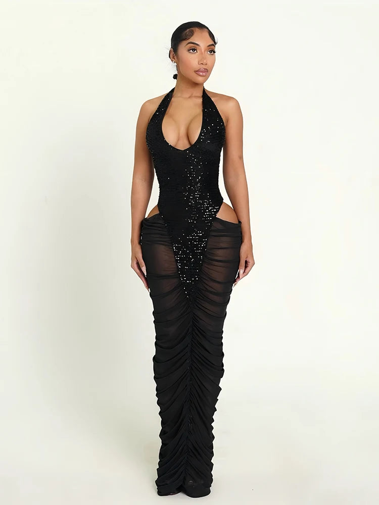Halter Backless Dress Women Hollow Sequin Patchwork Sexy Zip V-Neck Sleeveless Elegant Birthday Party Club Vestidos