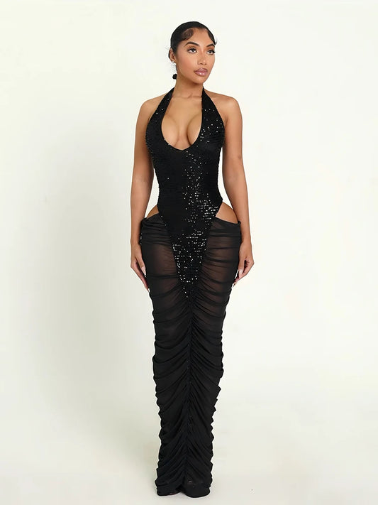 Halter Backless Dress Women Hollow Sequin Patchwork Sexy Zip V-Neck Sleeveless Elegant Birthday Party Club Vestidos