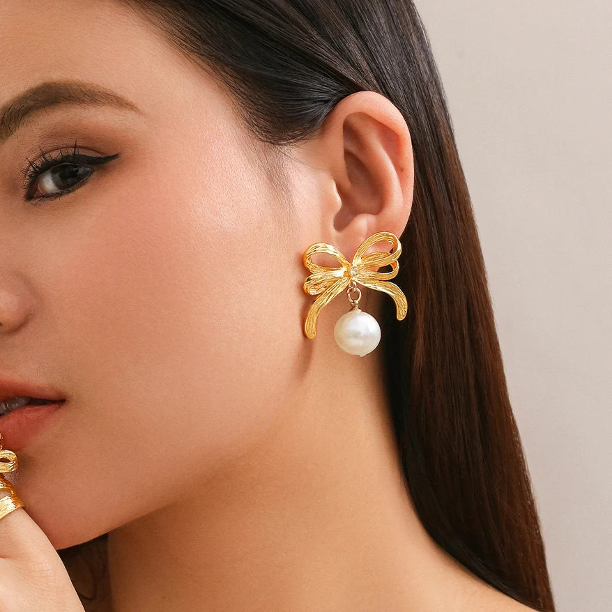 Elegant Bow Bowknot Drop Earrings for Women Trend Imitation Pearl Piercing Hanging Earring Wed Jewelry Accessories