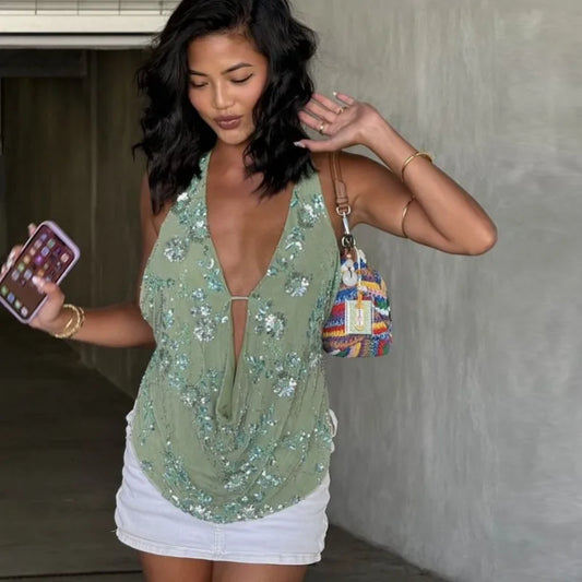 Woman Summer Top Embellished Mesh Tanks & Camis Boho Vacation Sexy Sequin Floral V Neck Backless Halter Tops