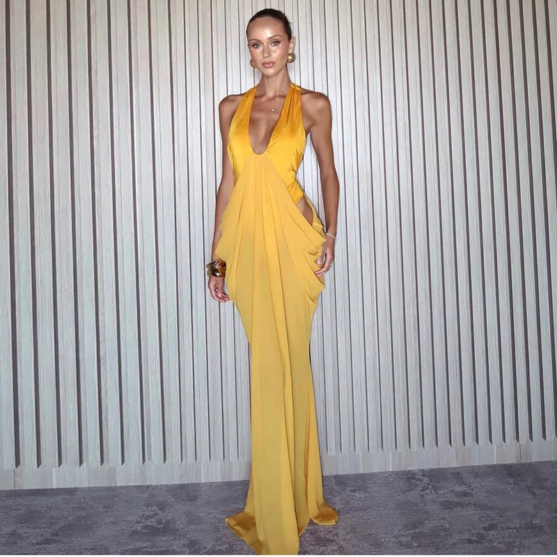 Deep V Neck Backless Maxi Dresses for Woman Sexy Elegant Mesh Patchwork Yellow Fancy Dinner Dress