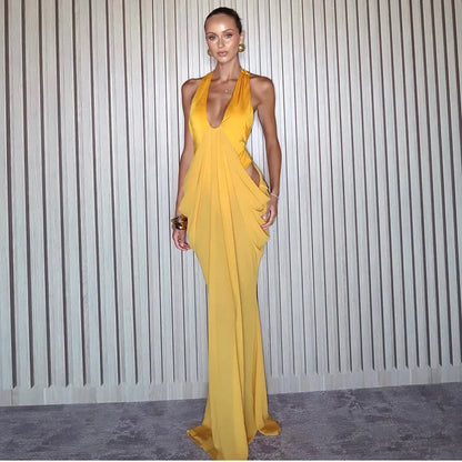 Deep V Neck Backless Maxi Dresses for Woman Sexy Elegant Mesh Patchwork Yellow Fancy Dinner Dress