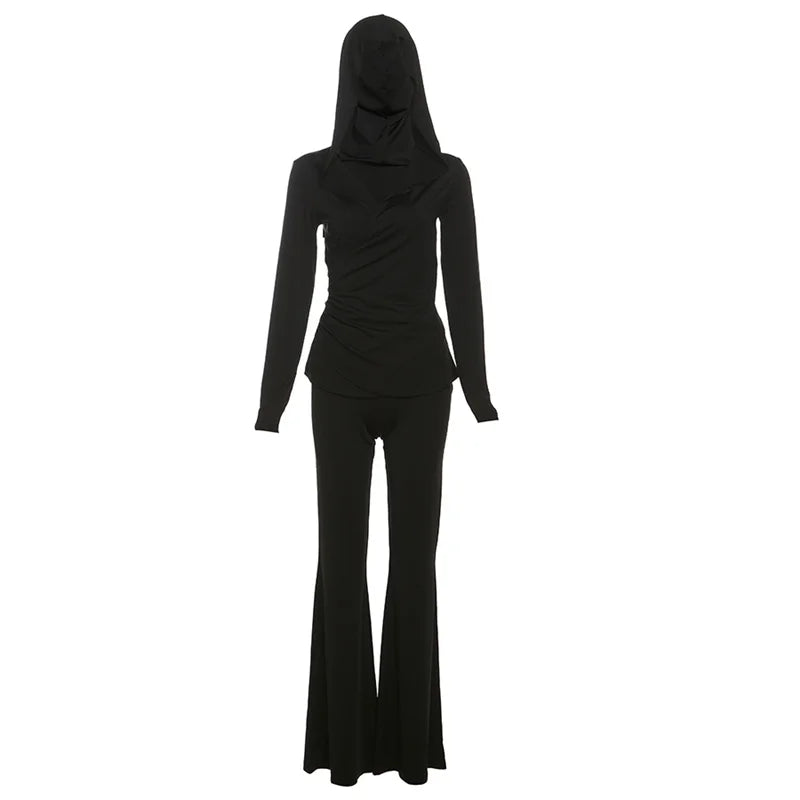 Pleats Elegant 2 Piece Set Women Hooded Low-Neck Long Sleeve Top+Solid Flared Pants Matching Casual Simple Trend Suit