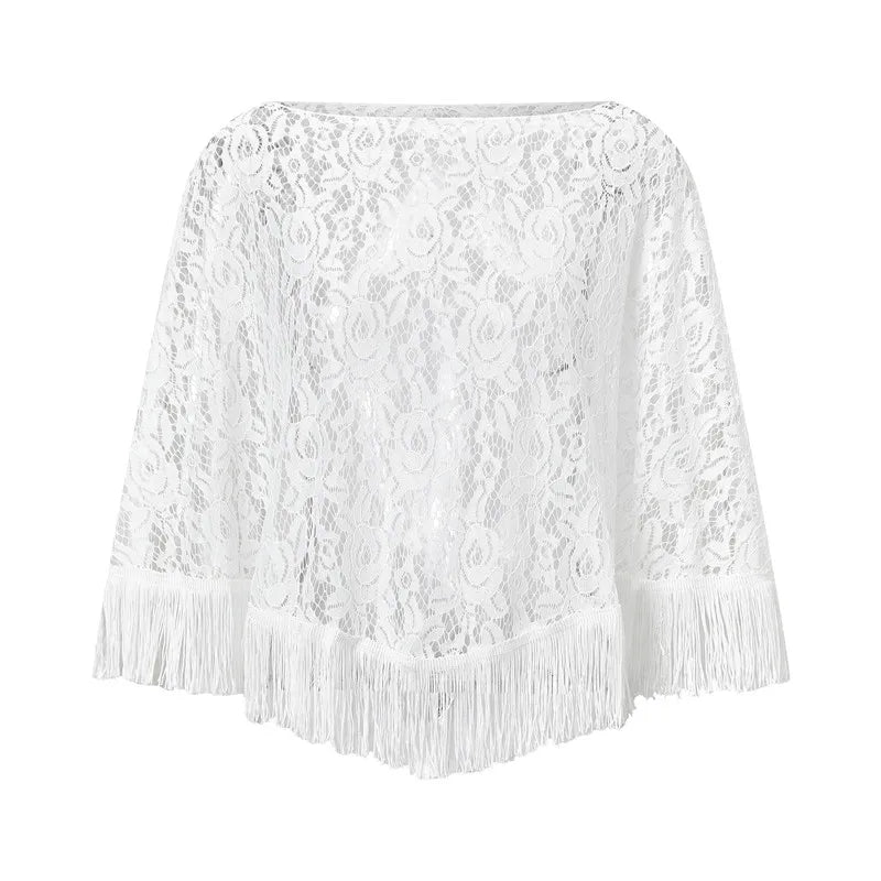 Women Beach Lace Fringe Poncho Cover Up Sheer Floral Tassel Shawl Boho Loose Batwing Sleeve Top Vacation Party Outerwear