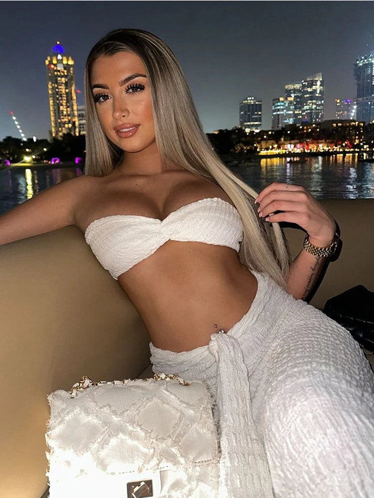 Ruched Elegant 2 Piece Set Women Sexy Off Shoulder Tube Tops+Skinny Ribbon Long Skirts Midnight Prom Party Outfits