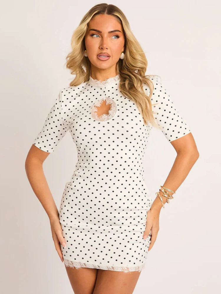 Women Polka Dot Sexy Mini Dress Lace Trim High Neck Cutout Long Sleeve Bodycon Short Dress Club Party Night Out Dresses