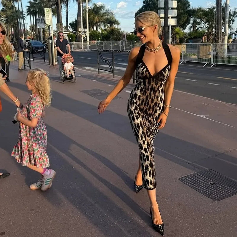 Sexy Leopard Print Long Dresses for Woman Sexy Cross Halter Backless Bodycon Dress Party Club Outfits