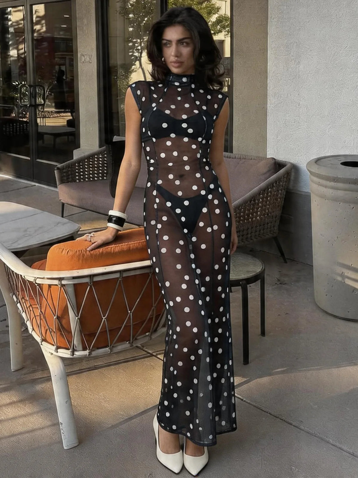 Black and White Polka Dot Print Mesh Sheer Sleeveless Maxi Dress Vintage Summer Dresses 2026 Woman Clothing