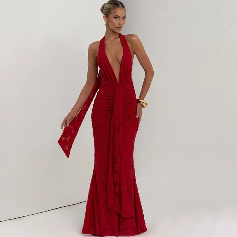 Sexy Lace Mesh Sheer Deep V Neck Backless Fishtail Maxi Dresses for Woman Elegant Party Long Dresses