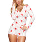 Women Sexy Bodysuit Pajama Heart Print Deep V-Neck Long Sleeve Shorts Jumpsuit Y2k Button Front Rompers Overall