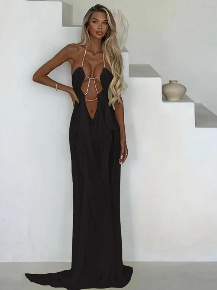 See Through Mesh Halterneck Ruched Maxi Dress Summer 2026 Woman Clothes Sexy Beach Dresses Vacation Outfits