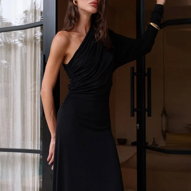 One Shoulder Long Sleeve Maxi Dress Brown Black Dresses Woman Elegant Fall Clothes 2025
