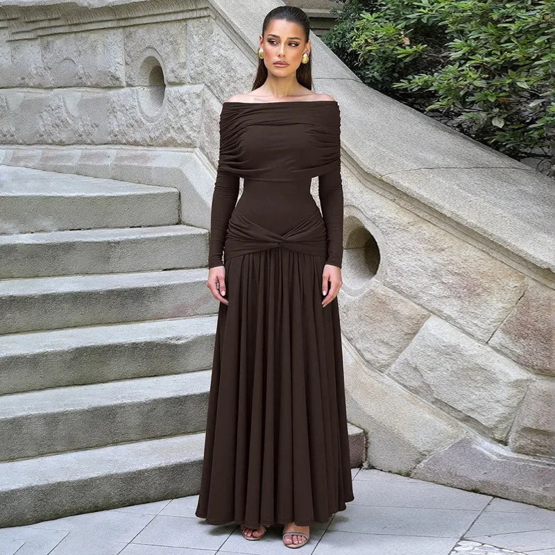 Off Shoulder Long Sleeve Pleated Dresses Women' S Clothes Solid Color French Elegant Maxi Dress Autumn 2025