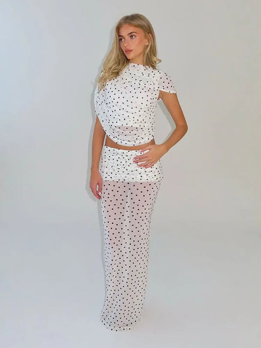 Vacation Fashion See Through 2 Piece Set Women Polka Dot Print Cross Cape sleeves T-Shirt+Patchwork Skirt Party Suits