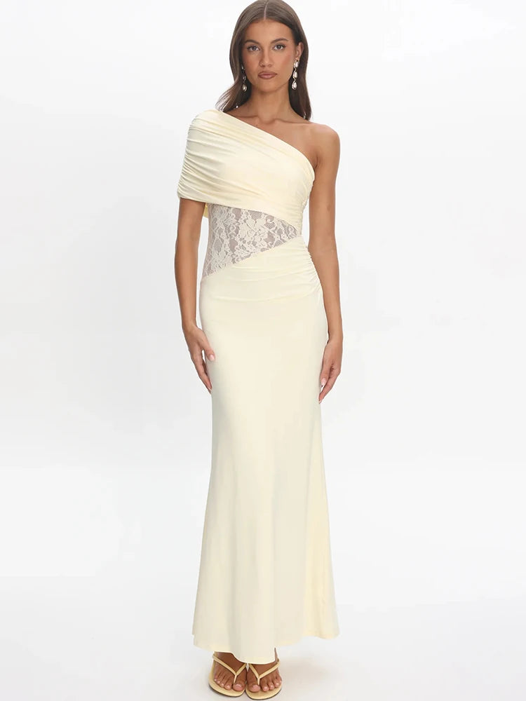 Lace One Shoulder Sexy Maxi Dress Women Elegant Diagonal Collar Sleeveless Backless Bodycon Club Party Long Dresses