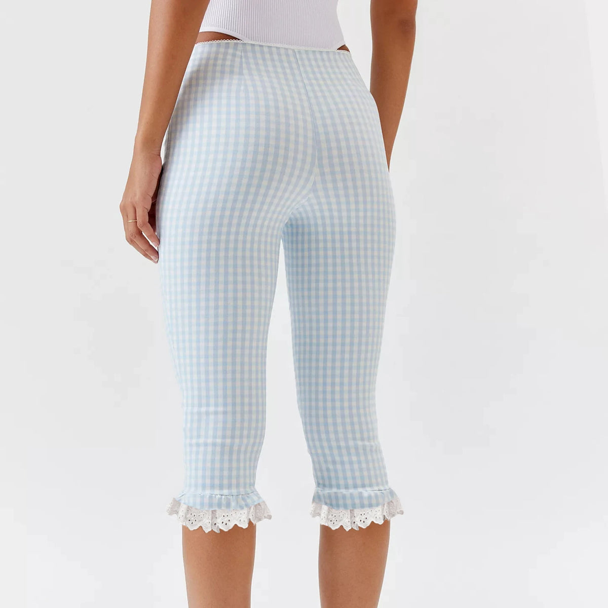 Lace Trim Capri Leggings for Women Y2K Plaid Low Waist Knee Length Crop Pants Summer Cute Going Out Tights Pants