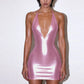 Metallic Deep V Halter Mini Dress Sexy Birthday Outfit 2026 Summer Dresses for Woman Club Wear