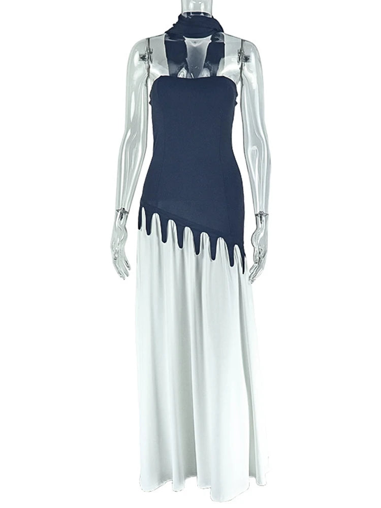 Patchwork Irregular Dress+Scarf Women Summer Elegant Simple Strapless Summer Party Birthday Skinny Slim Maxi Bodycon