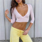 Women Y2K 3/4 Sleeve Wrap Crop Top Deep V Neck Side Tie Slim Fit Cropped Blouse Casual Streetwear Solid Polka Dot Shirt
