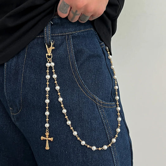 Creative Cross Pendant Imitation Pearl Keychain Wallet Belt Chain for Men Women Trousers Hipster Jeans Chain Jewelry