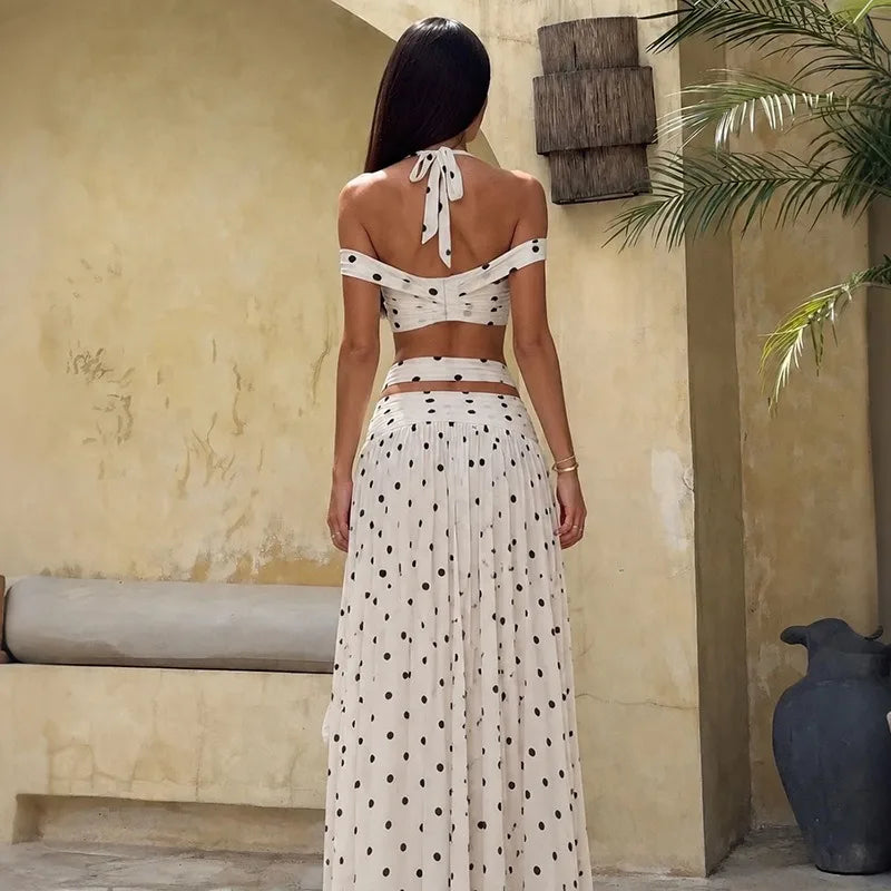 Sexy 2 Piece Tie-dye Halter Crop Top and Matching Maxi Skirt Set Holiday Outfits Woman Clothing