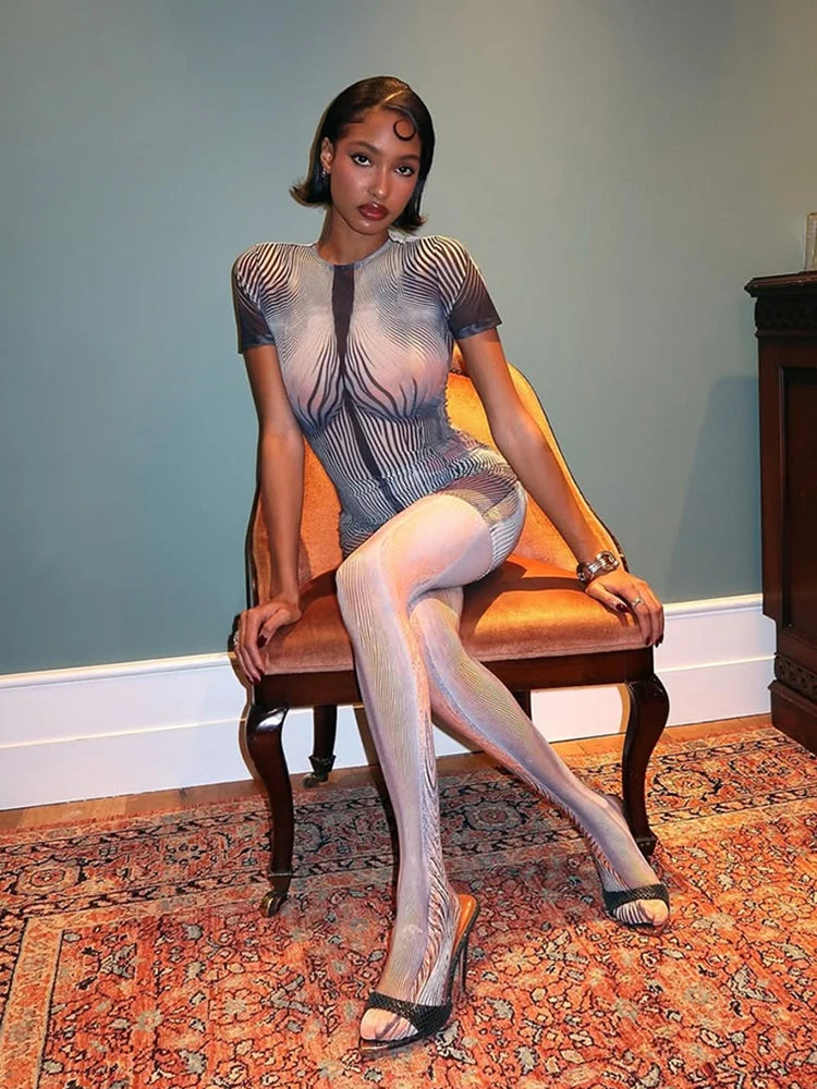 Striped Patchwork 2 Piece Set Women o-Neck Short Sleeve Skinny Playsuits+Mesh Long Pants Club Wild Style Trend Suits