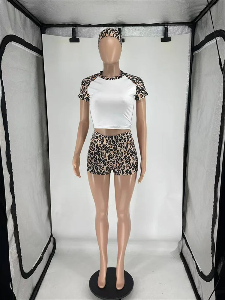 Casual Simple 3 Piece Set Women Solid Headbands+Patchwork Crop Tops+Skinny Shorts Matching Daily Fashion Sporty Suit