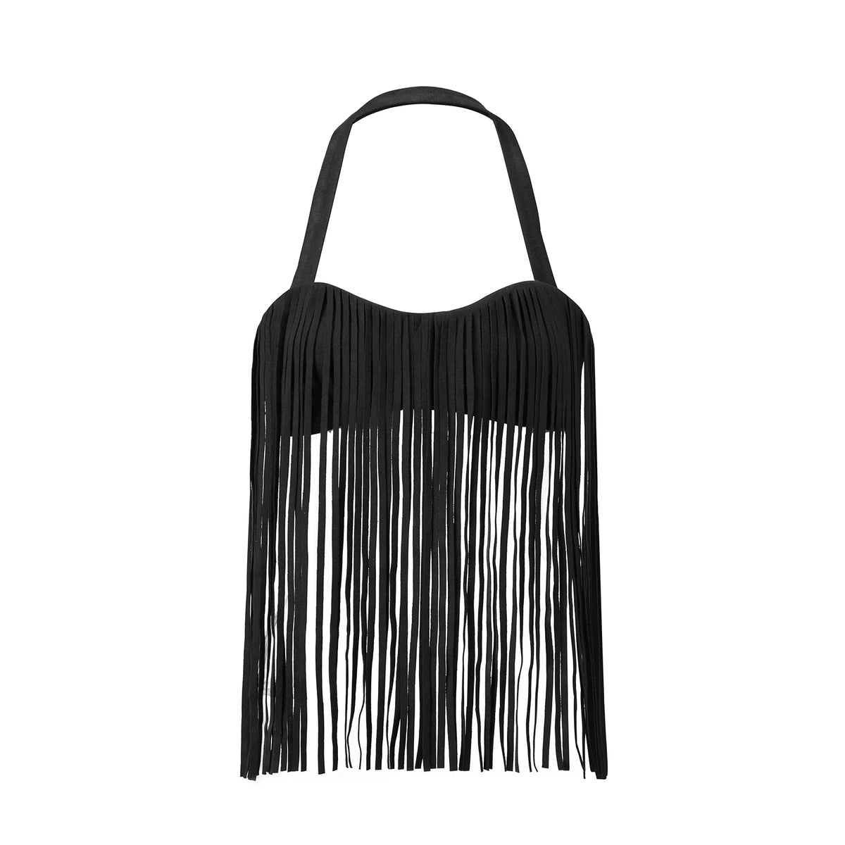 Women Suede Fringe Halter Crop Top Backless Buckle Tassel Sleeveless Western Cowboy Festival Party Streetwear Tank Tops