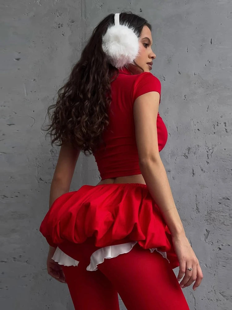 Casual 2 Piece Set Women Letter Print Shorts Sleeve Crop Tops+Puffy Skirt Simple Basic Matching Streetwear Outfits