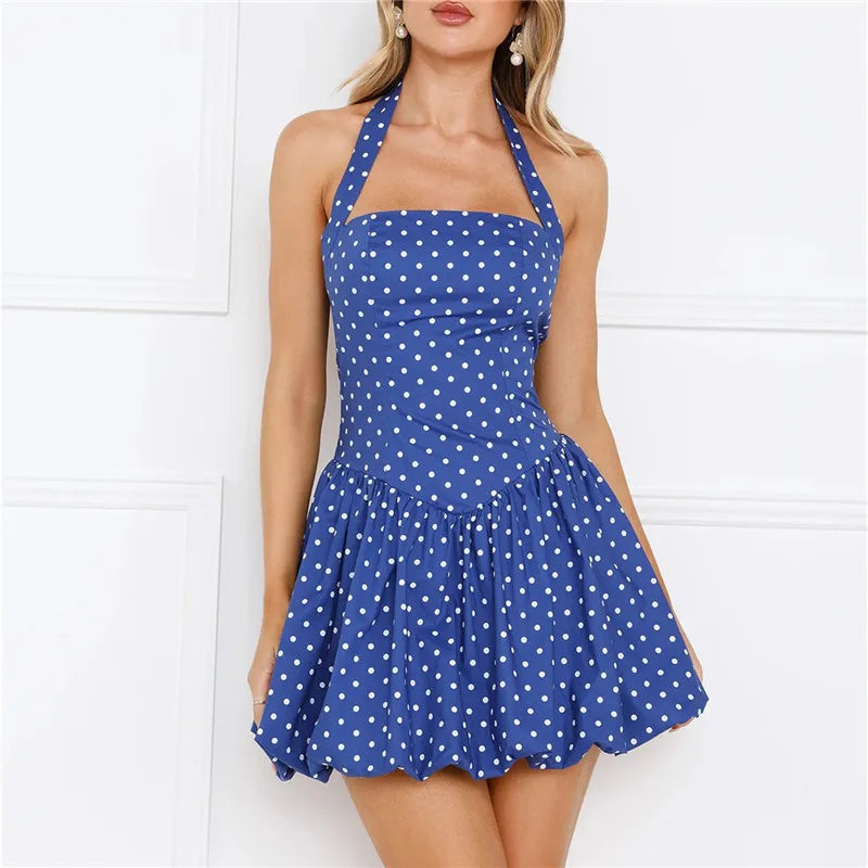 Women Fashion Cocktail Mini Dress Solid/Dots Print Halter Neck Bubble Dress Tie Up A Line Dress Sexy Corset Club Dresses