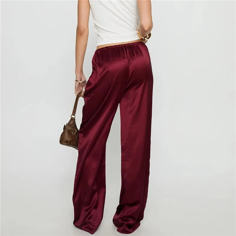 Women's Satin Silk Solid Color Pants Elegant Elastic Drawstring Waist Loose Fit Trousers for All Seasons Y2K Streetwear