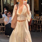 Elegant Sexy Two Piece Set Women V Neck Long Sleeve T-shirt Maxi Skirt Matching Set Female Loose Pleated Club Dress Set