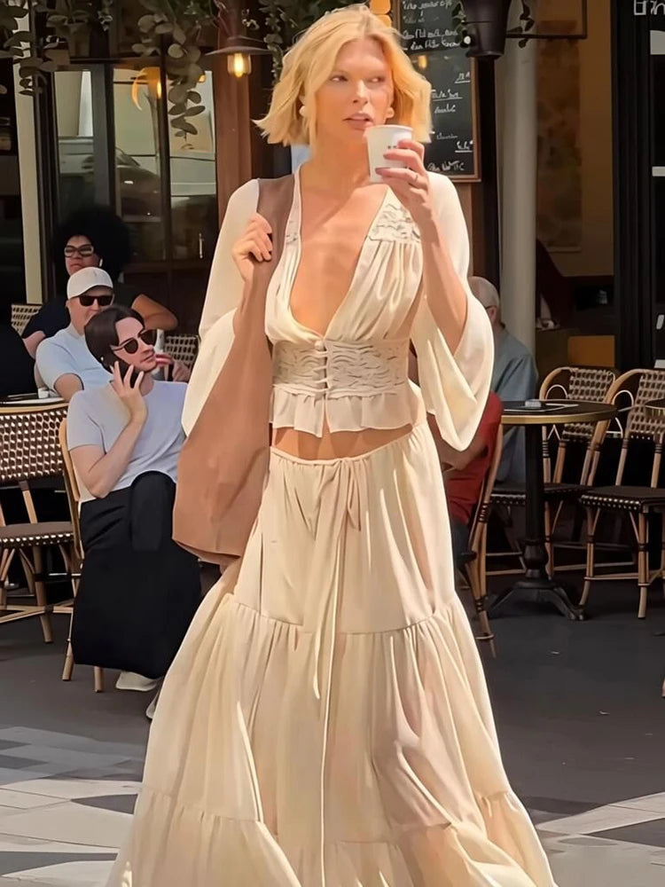 Elegant Sexy Two Piece Set Women V Neck Long Sleeve T-shirt Maxi Skirt Matching Set Female Loose Pleated Club Dress Set