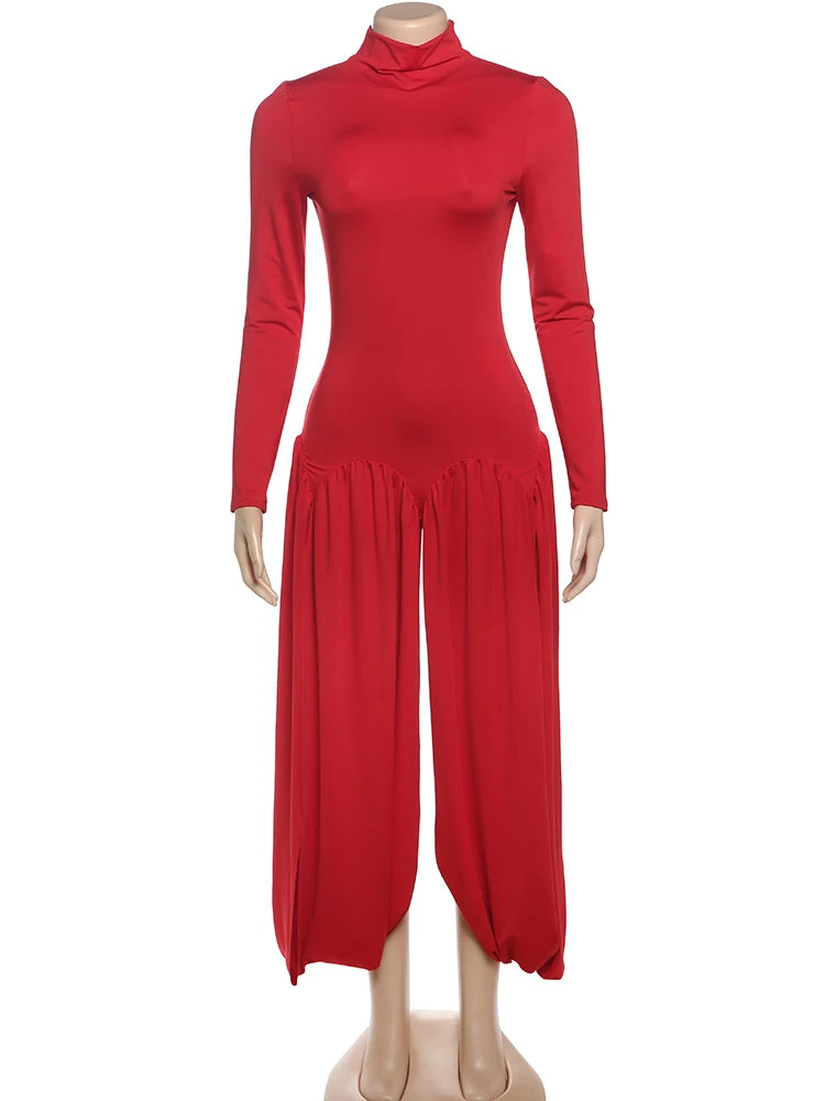 Split Patchwork Hem Dress Women Tight Turtleneck Full Sleeve Elegant Classic Skinny Birthday Party Slim Maxi Bodycon