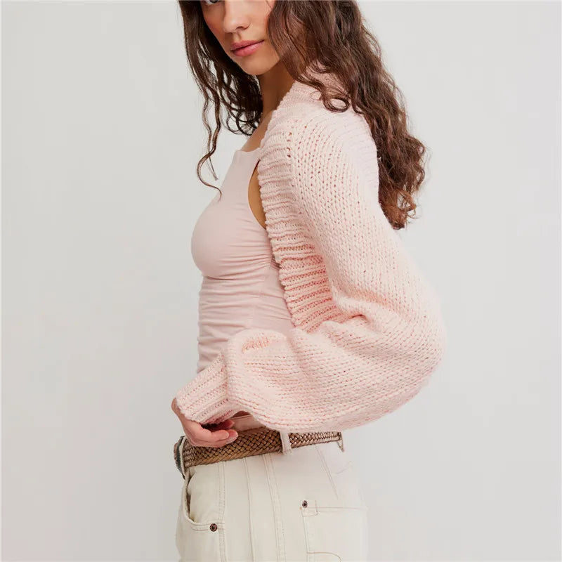 Women Knitted Cropped Bolero Shrug Open Front Long Sleeve Balloon Sleeve Ribbed Trim Short Cardigan Sweet Casual Outerwear Top