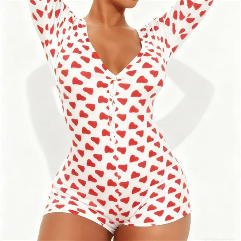 Women Sexy Bodycon Deep V Neck Trapdoor Fashion Heart Printed Long Sleeve Butt Flap Romper Valentines Pajama Playsuit