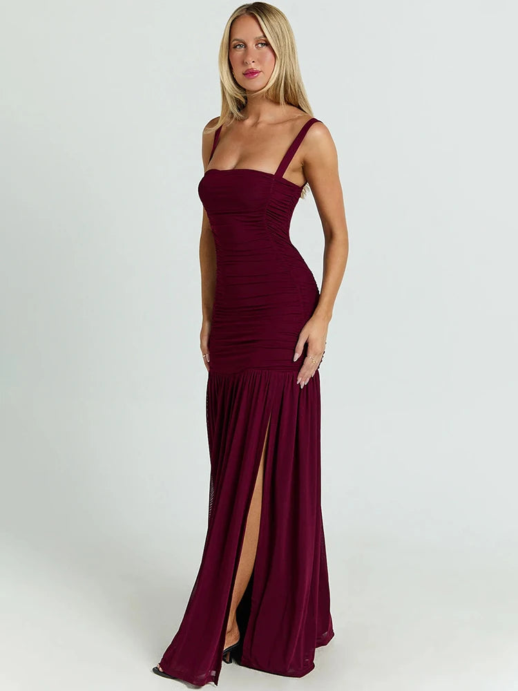 Women Spaghetti Strap Square Neck Maxi Dress Ruched Bodycon High Split Long Dress Elegant Evening Party Prom Dresses