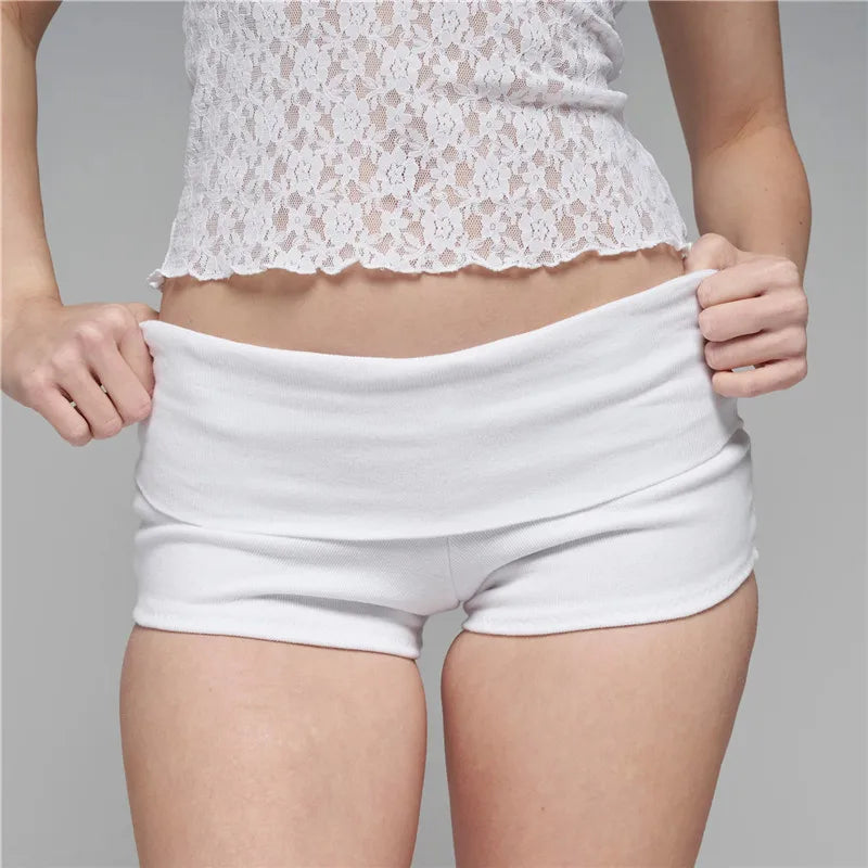 Women's Fold Over Waist Low Rise Yoga Shorts Slim Fit Stretchy Cotton Casual Summer Lounge Shorts for Daily Workout