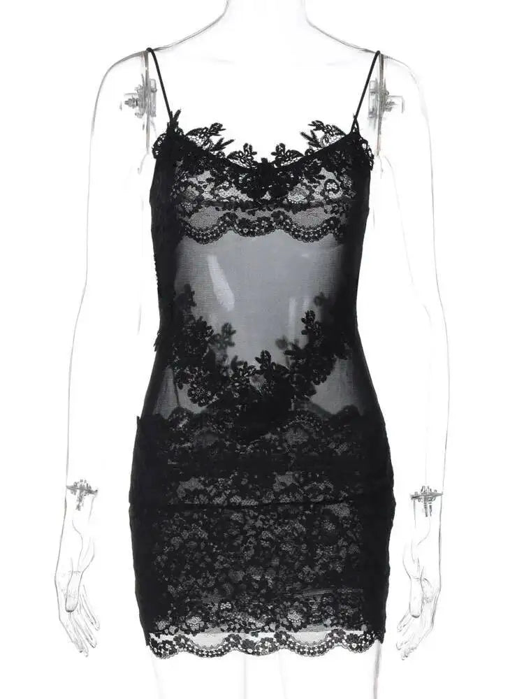 Spaghetti Strap Lace Sexy Mini Dress Women Fashion See Through Sleeveless Backless Ruched Club Party Long Dresses