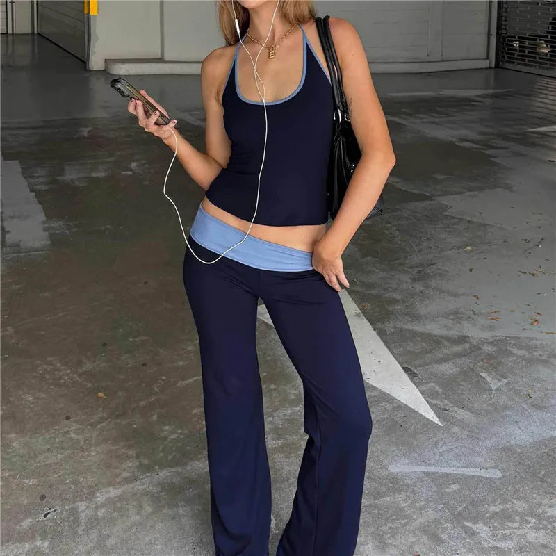 Women Two Piece Outfits Summer Scoop Neck Sleeveless Contrast Color Slim Fit Halter Tops with High Waisted Pants Set